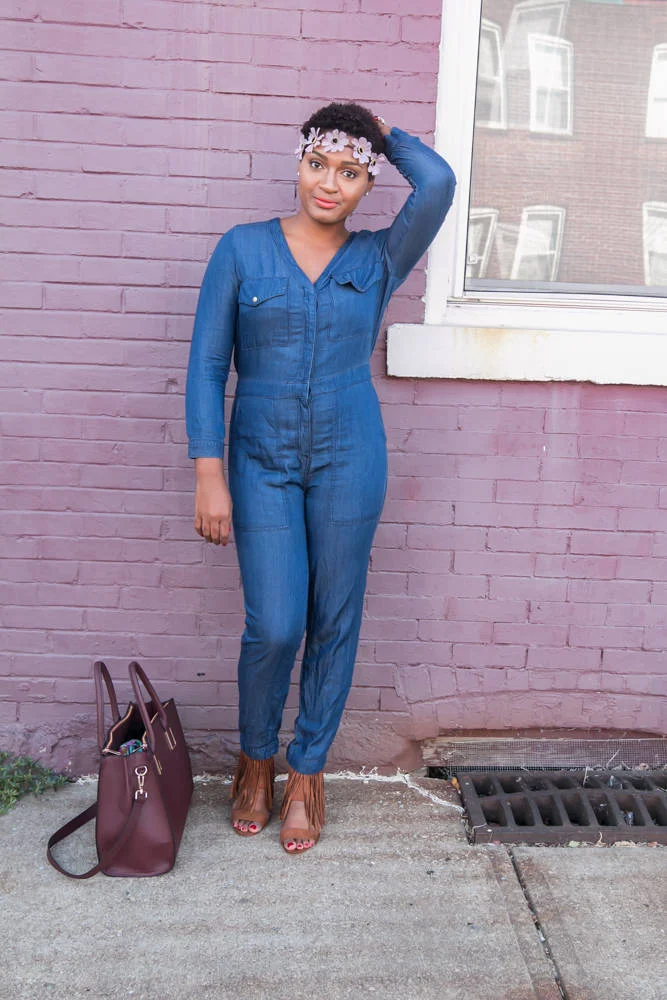 Jumpsuit with jean jacket best sale